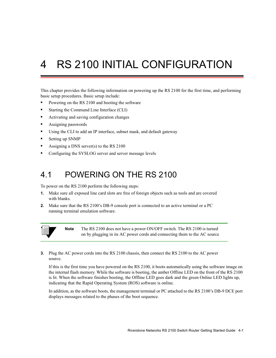 4 rs2100 initial configuration, 1 powering on the rs2100, Rs 2100 initial configuration -1 | Powering on the rs 2100 -1, Chapter 4, "rs 2100 initial configuration, Chapter 4, Rs 2100 initial configuration | Riverstone Networks RS 2100 User Manual | Page 41 / 77