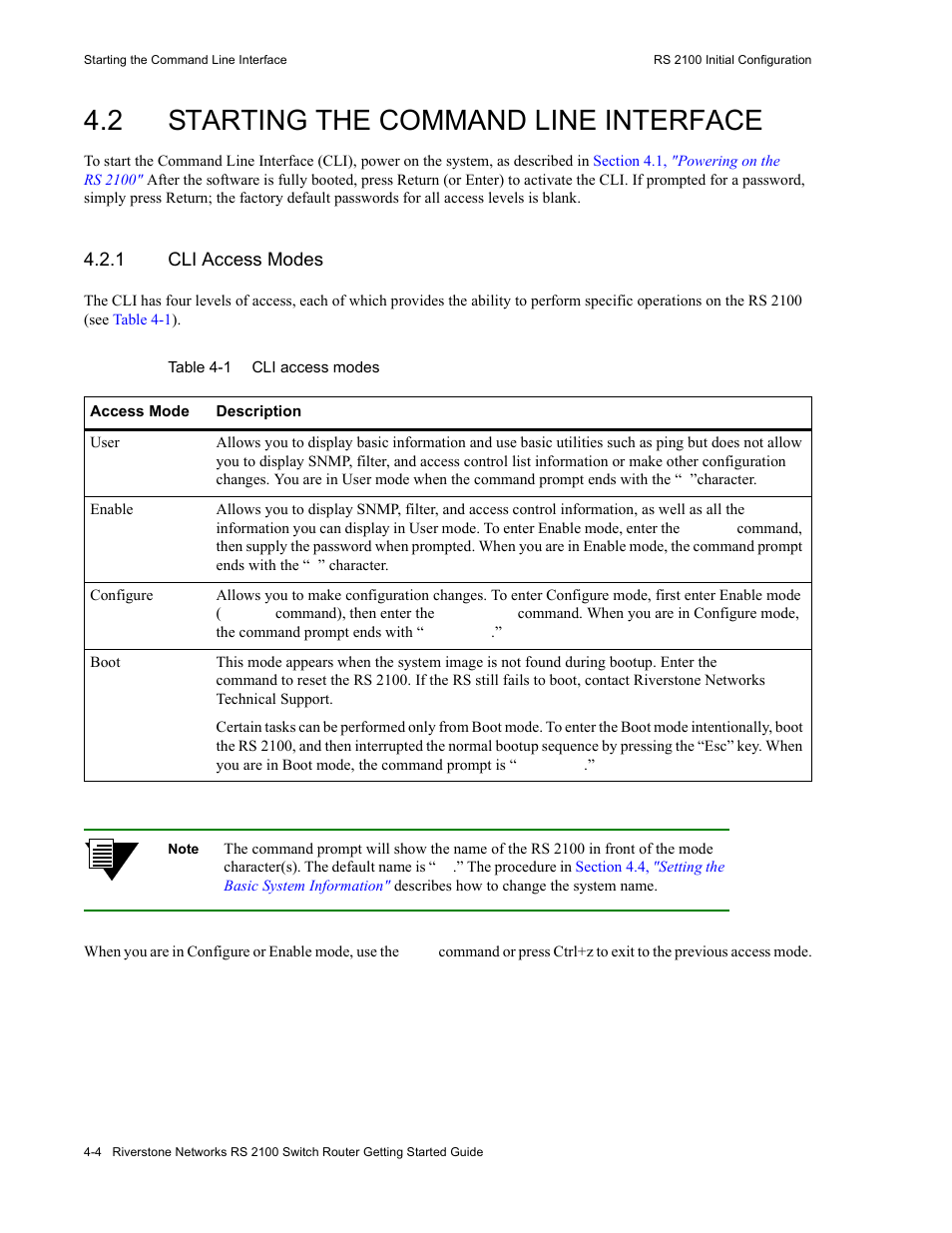 2 starting the command line interface, 1 cli access modes, Starting the command line interface -4 | Cli access modes -4, Table 4-1 | Riverstone Networks RS 2100 User Manual | Page 44 / 77