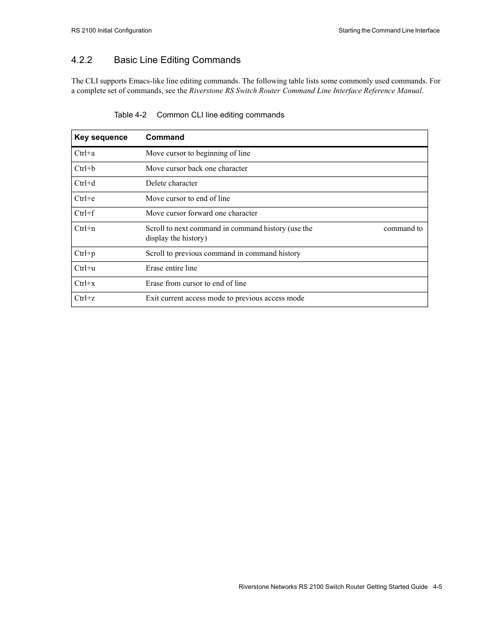2 basic line editing commands, Basic line editing commands -5, Table 4-2 | Common cli line editing commands -5 | Riverstone Networks RS 2100 User Manual | Page 45 / 77