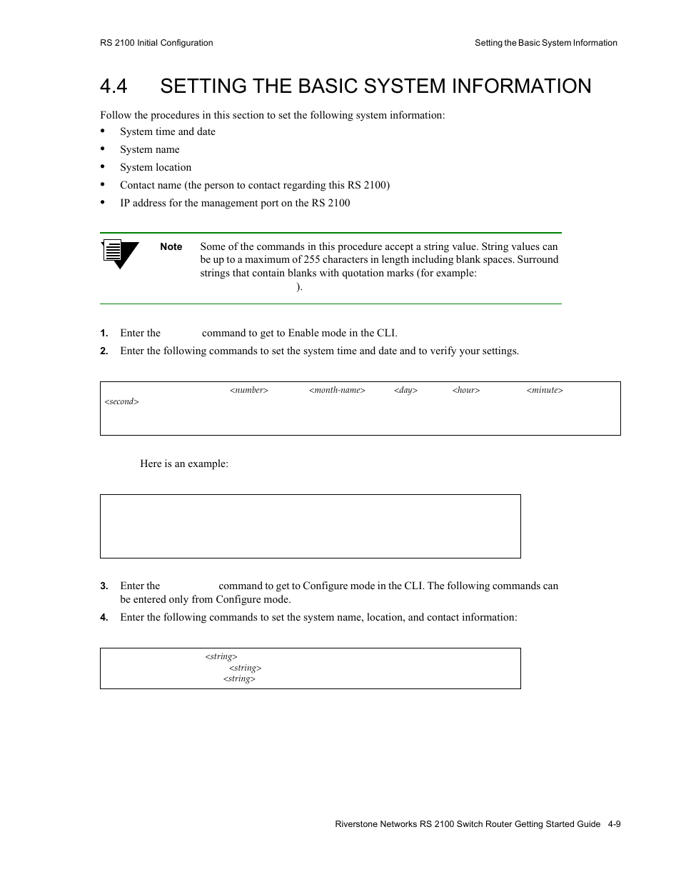 4 setting the basic system information, Setting the basic system information -9, Section 4.4, "setting the | Basic system information | Riverstone Networks RS 2100 User Manual | Page 49 / 77