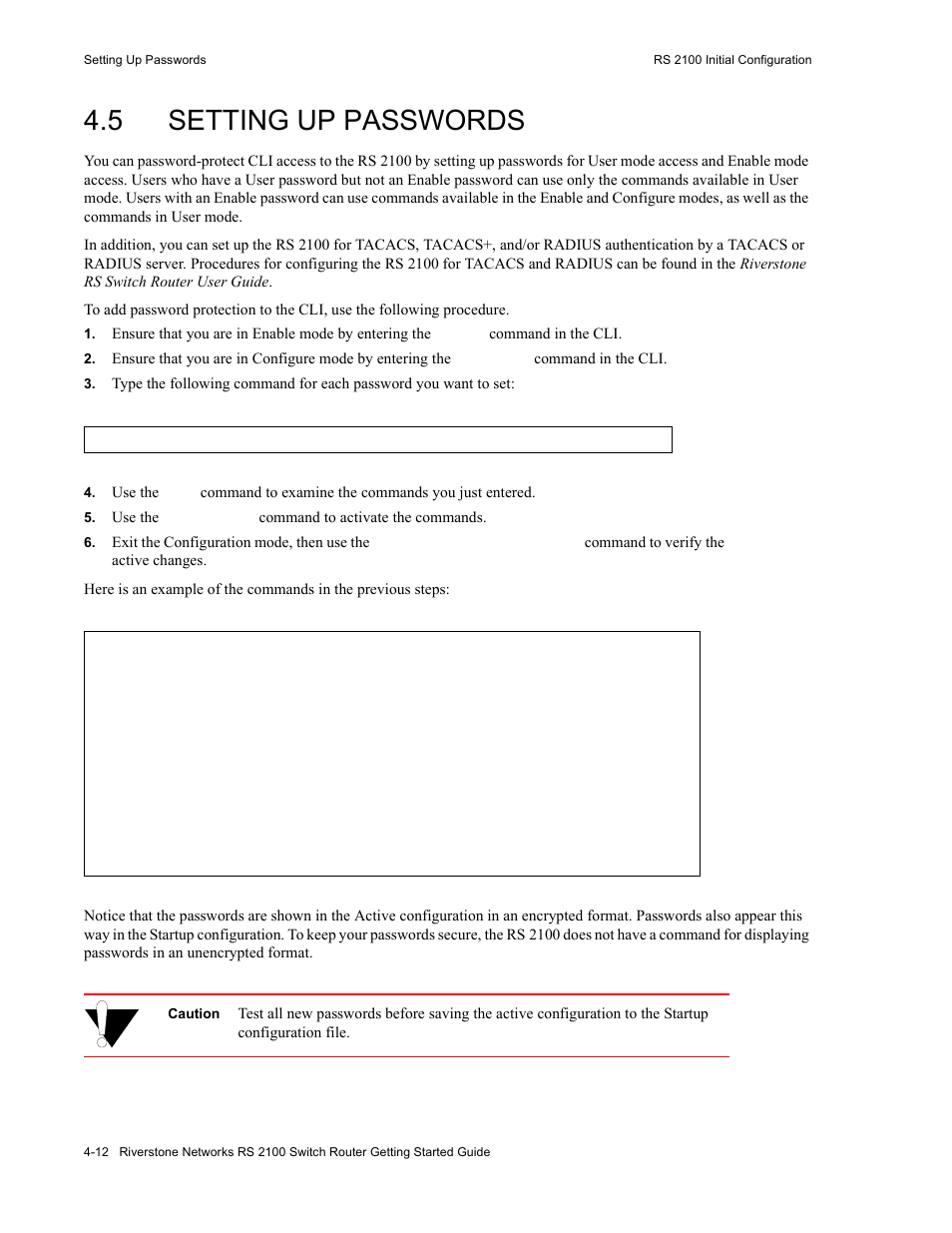 5 setting up passwords, Setting up passwords -12 | Riverstone Networks RS 2100 User Manual | Page 52 / 77