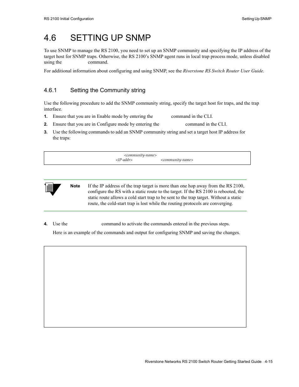 6 setting up snmp, 1 setting the community string, Setting up snmp -15 | Setting the community string -15 | Riverstone Networks RS 2100 User Manual | Page 55 / 77