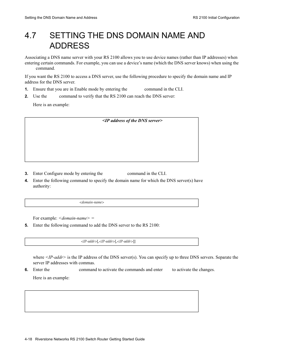 7 setting the dns domain name and address, Setting the dns domain name and address -18 | Riverstone Networks RS 2100 User Manual | Page 58 / 77