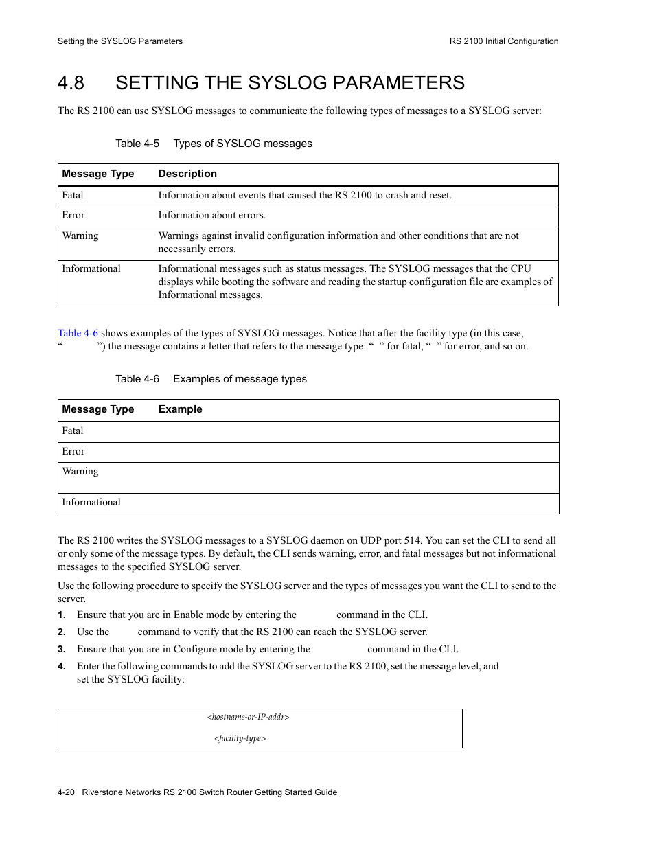 8 setting the syslog parameters, Setting the syslog parameters -20, Table 4-5 | Types of syslog messages -20, Table 4-6, Examples of message types -20 | Riverstone Networks RS 2100 User Manual | Page 60 / 77