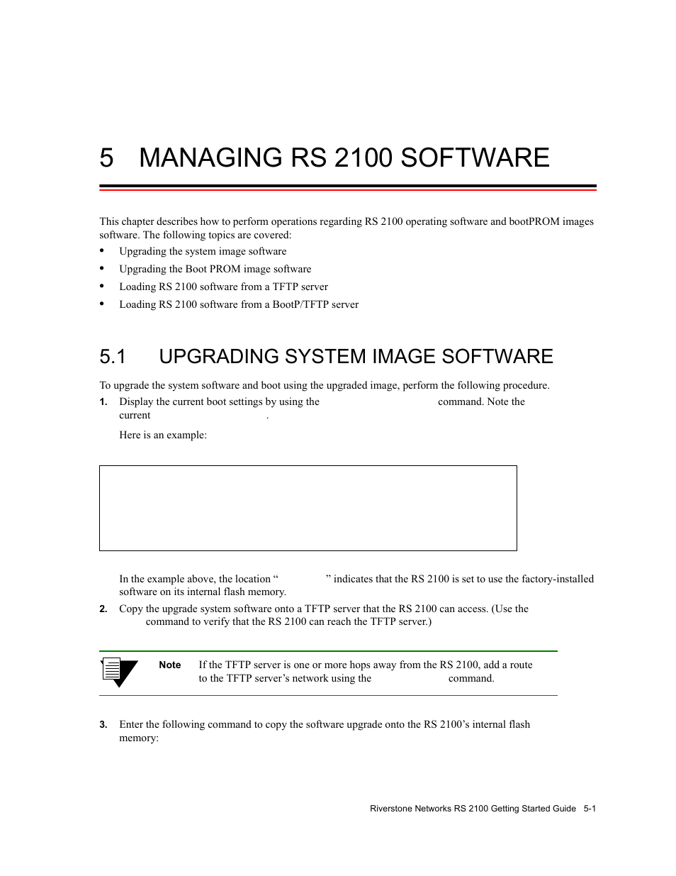 5 managing rs2100 software, 1 upgrading system image software, Managing rs 2100 software -1 | Upgrading system image software -1, Chapter 5, "managing rs 2100 software | Riverstone Networks RS 2100 User Manual | Page 63 / 77
