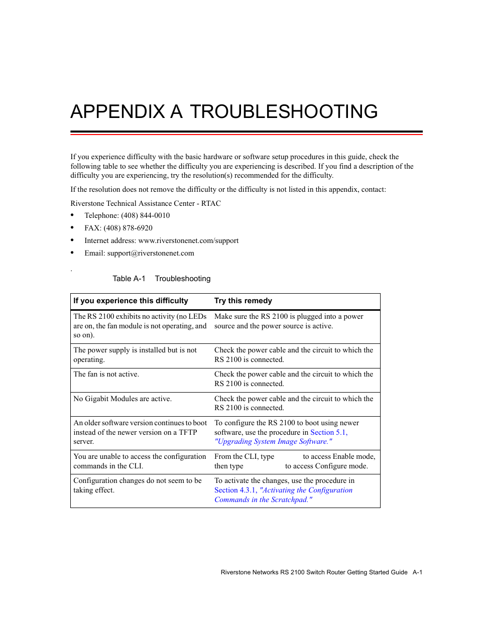 Appendix a troubleshooting, Table a-1 troubleshooting, Table a-1 | Appendix a, "troubleshooting | Riverstone Networks RS 2100 User Manual | Page 71 / 77