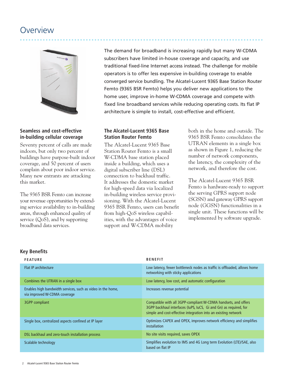 Overview | Riverstone Networks Base Station Router Femto 9365 User Manual | Page 2 / 4