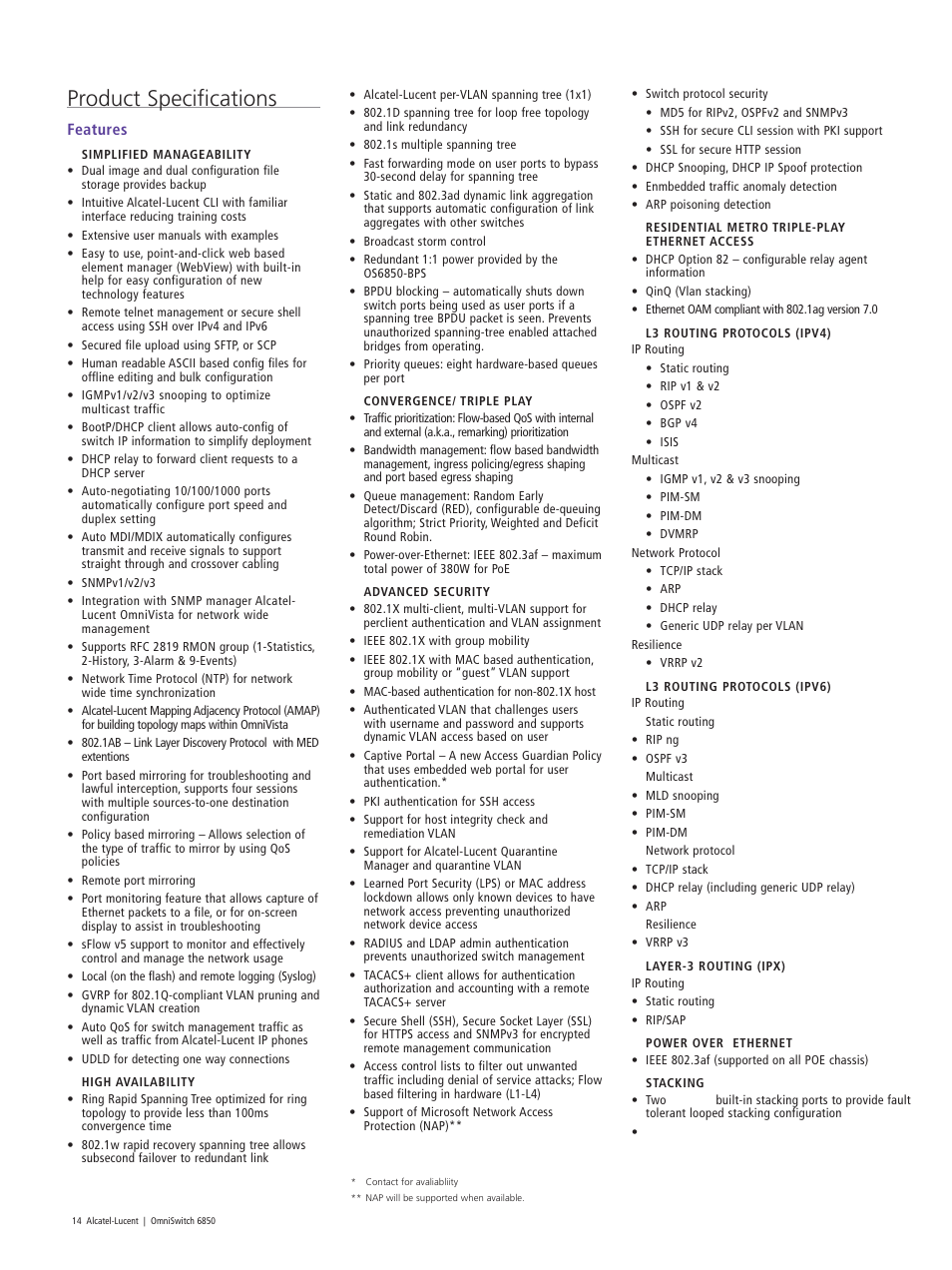 Product speciﬁcations, Features | Riverstone Networks 6850 User Manual | Page 14 / 20