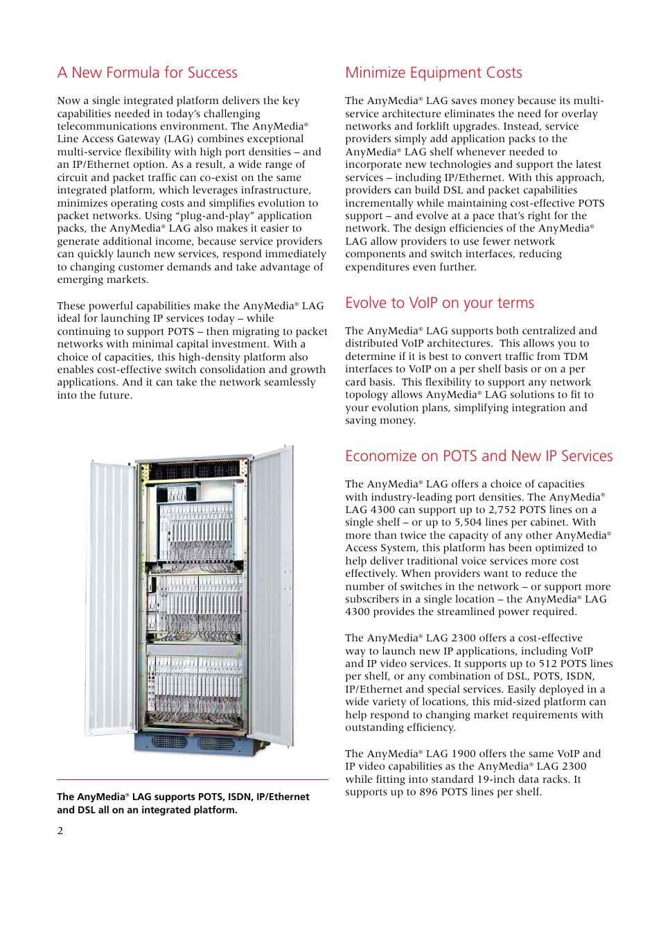 A new formula for success, Minimize equipment costs, Evolve to voip on your terms | Economize on pots and new ip services | Riverstone Networks AnyMedia Line Access Gateway User Manual | Page 2 / 4