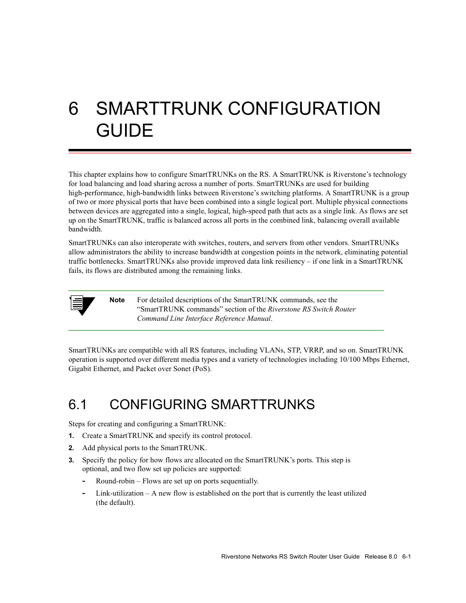 6 smarttrunk configuration guide, 1 configuring smarttrunks, Smarttrunk configuration guide -1 | Configuring smarttrunks -1 | Riverstone Networks WICT1-12 User Manual | Page 101 / 718