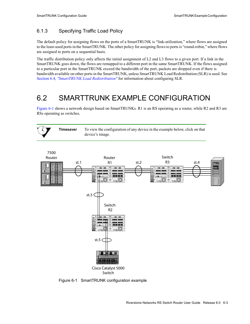 3 specifying traffic load policy, 2 smarttrunk example configuration, Specifying traffic load policy -3 | Smarttrunk example configuration -3, Figure 6-1, Smarttrunk configuration example -3 | Riverstone Networks WICT1-12 User Manual | Page 103 / 718