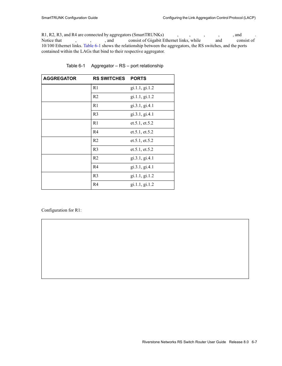 Table 6-1, Aggregator – rs – port relationship -7 | Riverstone Networks WICT1-12 User Manual | Page 107 / 718