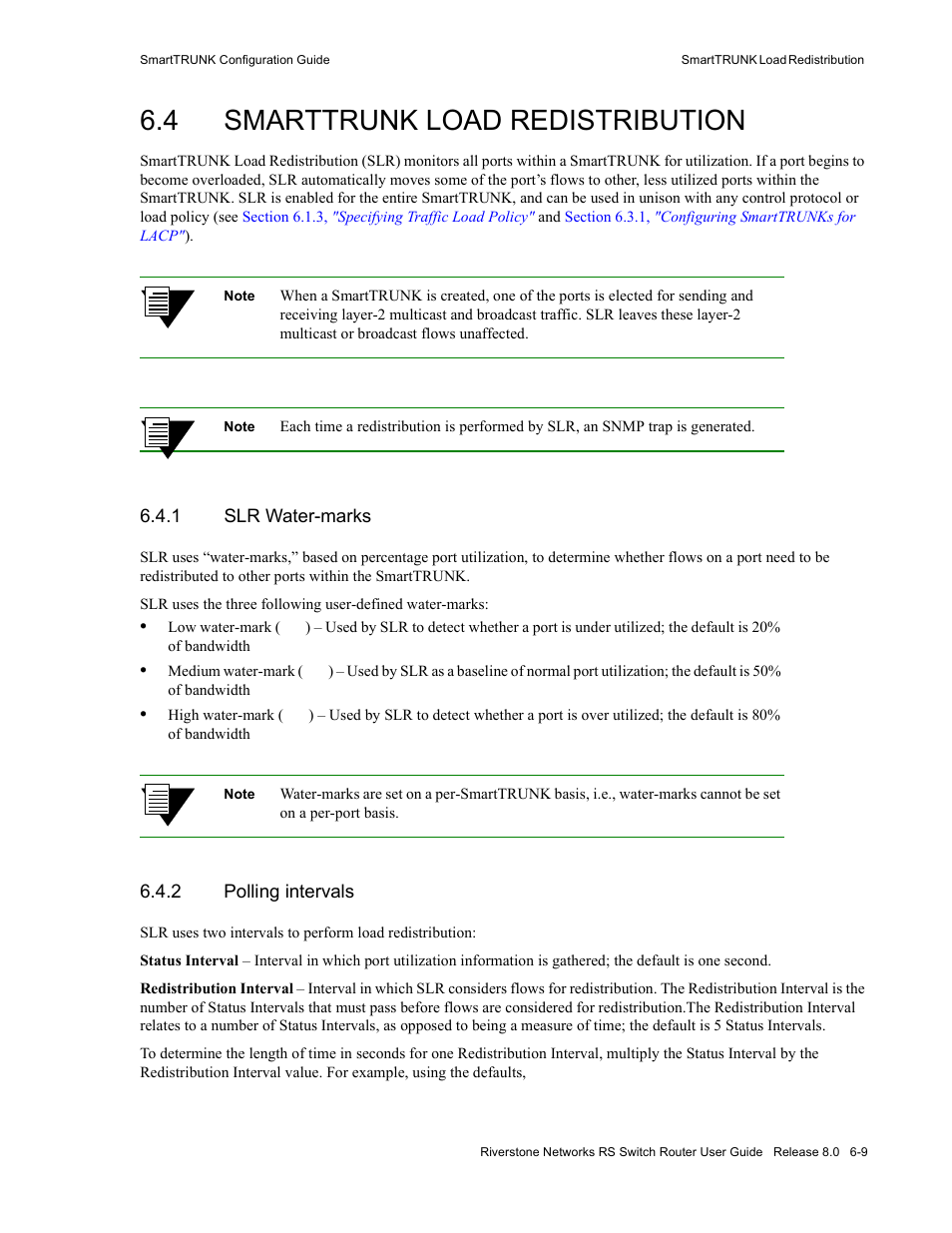 4 smarttrunk load redistribution, 1 slr water-marks, 2 polling intervals | Smarttrunk load redistribution -9, Slr water-marks -9, Polling intervals -9 | Riverstone Networks WICT1-12 User Manual | Page 109 / 718