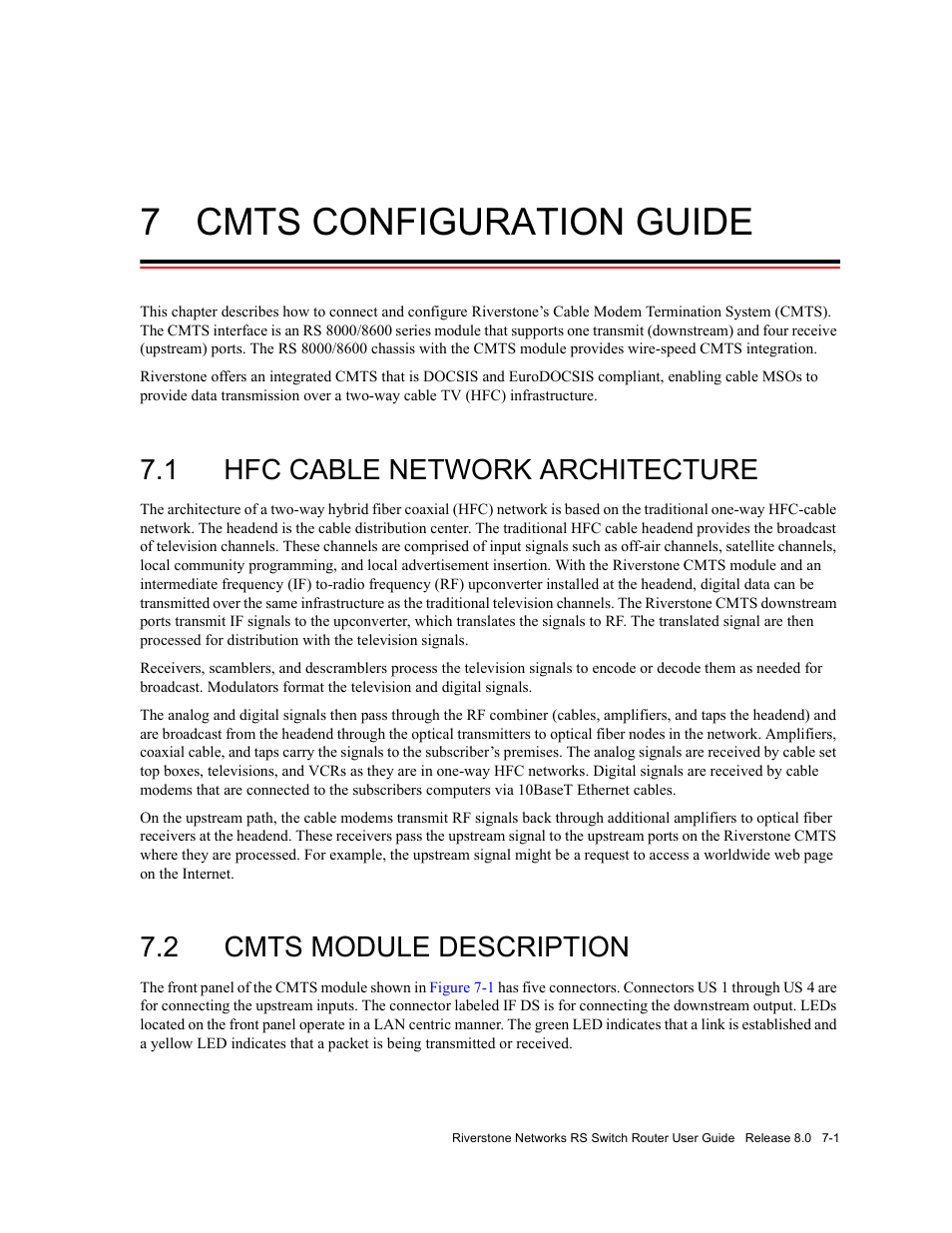 7 cmts configuration guide, 1 hfc cable network architecture, 2 cmts module description | Cmts configuration guide -1, Hfc cable network architecture -1, Cmts module description -1 | Riverstone Networks WICT1-12 User Manual | Page 113 / 718