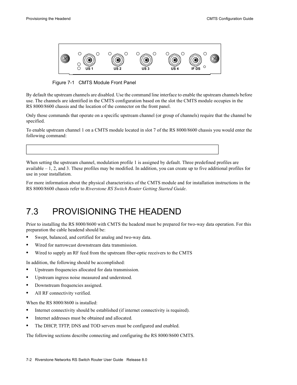3 provisioning the headend, Provisioning the headend -2, Figure 7-1 | Cmts module front panel -2 | Riverstone Networks WICT1-12 User Manual | Page 114 / 718