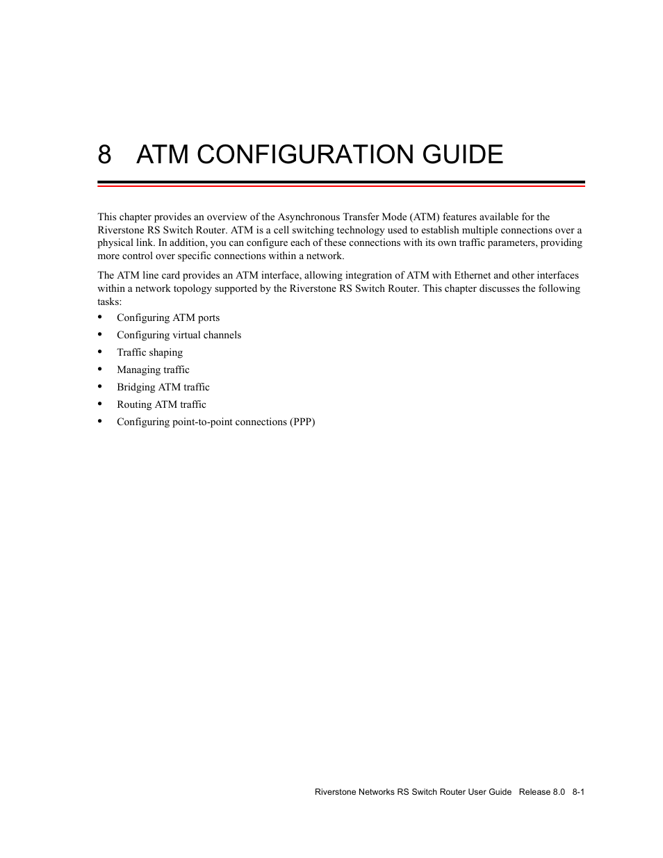 8 atm configuration guide, Atm configuration guide -1 | Riverstone Networks WICT1-12 User Manual | Page 135 / 718