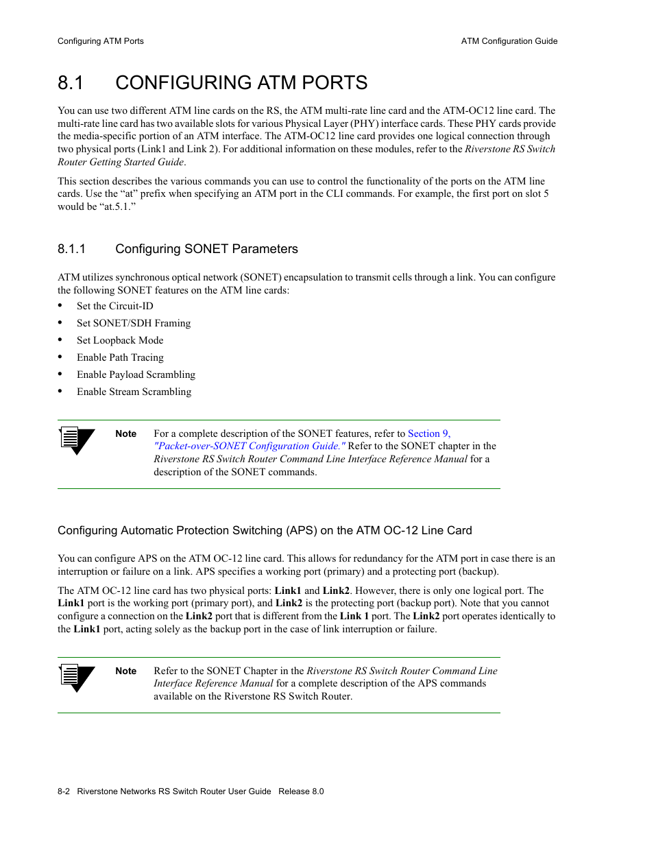 1 configuring atm ports, 1 configuring sonet parameters, Configuring atm ports -2 | Configuring sonet parameters -2 | Riverstone Networks WICT1-12 User Manual | Page 136 / 718