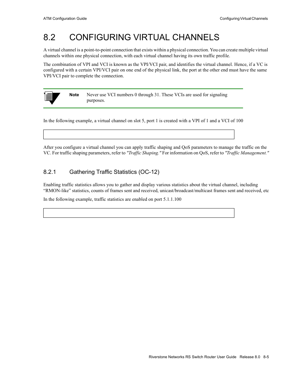 2 configuring virtual channels, 1 gathering traffic statistics (oc-12), Configuring virtual channels -5 | Gathering traffic statistics (oc-12) -5 | Riverstone Networks WICT1-12 User Manual | Page 139 / 718