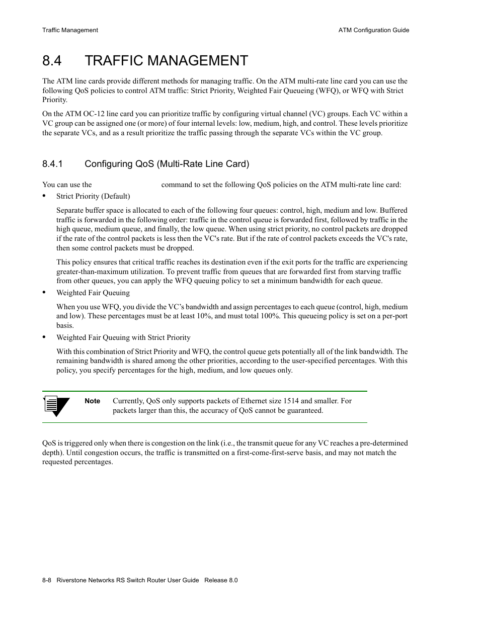 4 traffic management, 1 configuring qos (multi-rate line card), Traffic management -8 | Configuring qos (multi-rate line card) -8 | Riverstone Networks WICT1-12 User Manual | Page 142 / 718