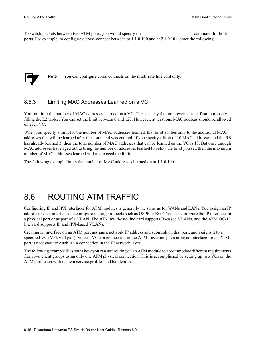 3 limiting mac addresses learned on a vc, 6 routing atm traffic, Limiting mac addresses learned on a vc -18 | Routing atm traffic -18 | Riverstone Networks WICT1-12 User Manual | Page 152 / 718