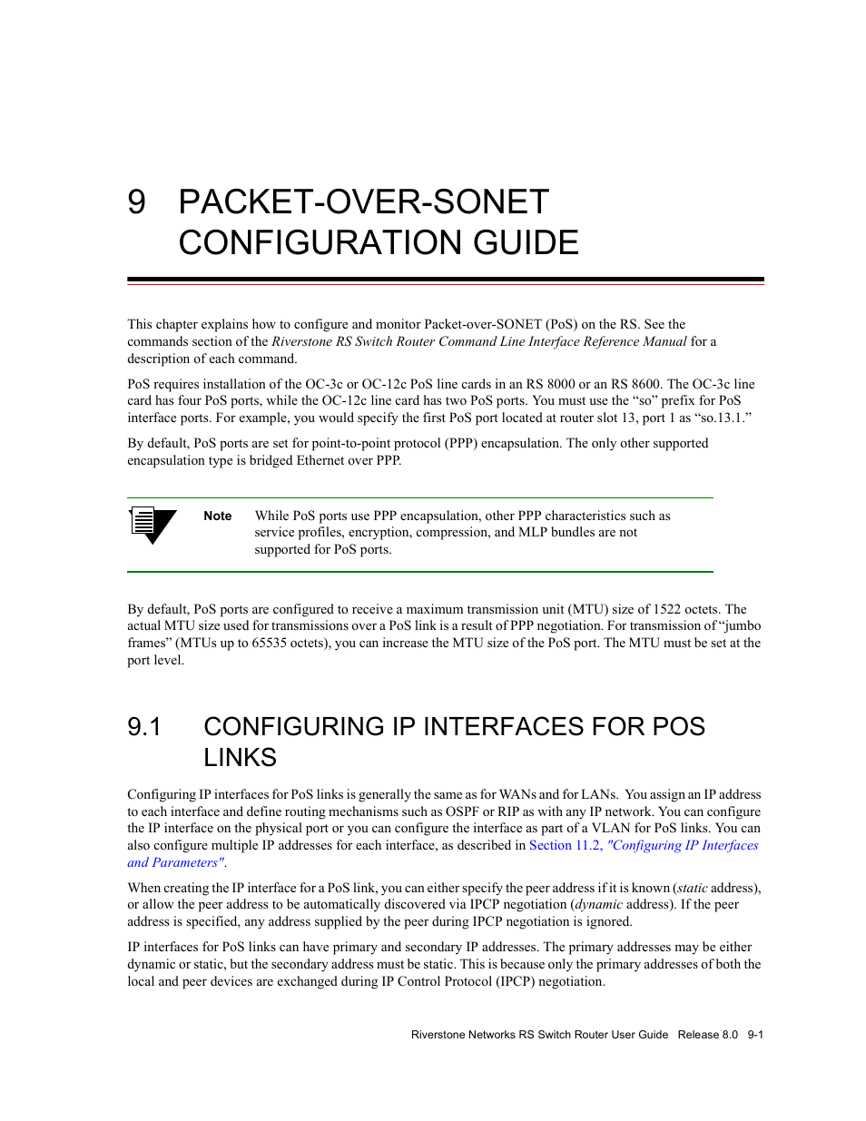 9 packet-over-sonet configuration guide, 1 configuring ip interfaces for pos links, Packet-over-sonet configuration guide -1 | Configuring ip interfaces for pos links -1 | Riverstone Networks WICT1-12 User Manual | Page 161 / 718
