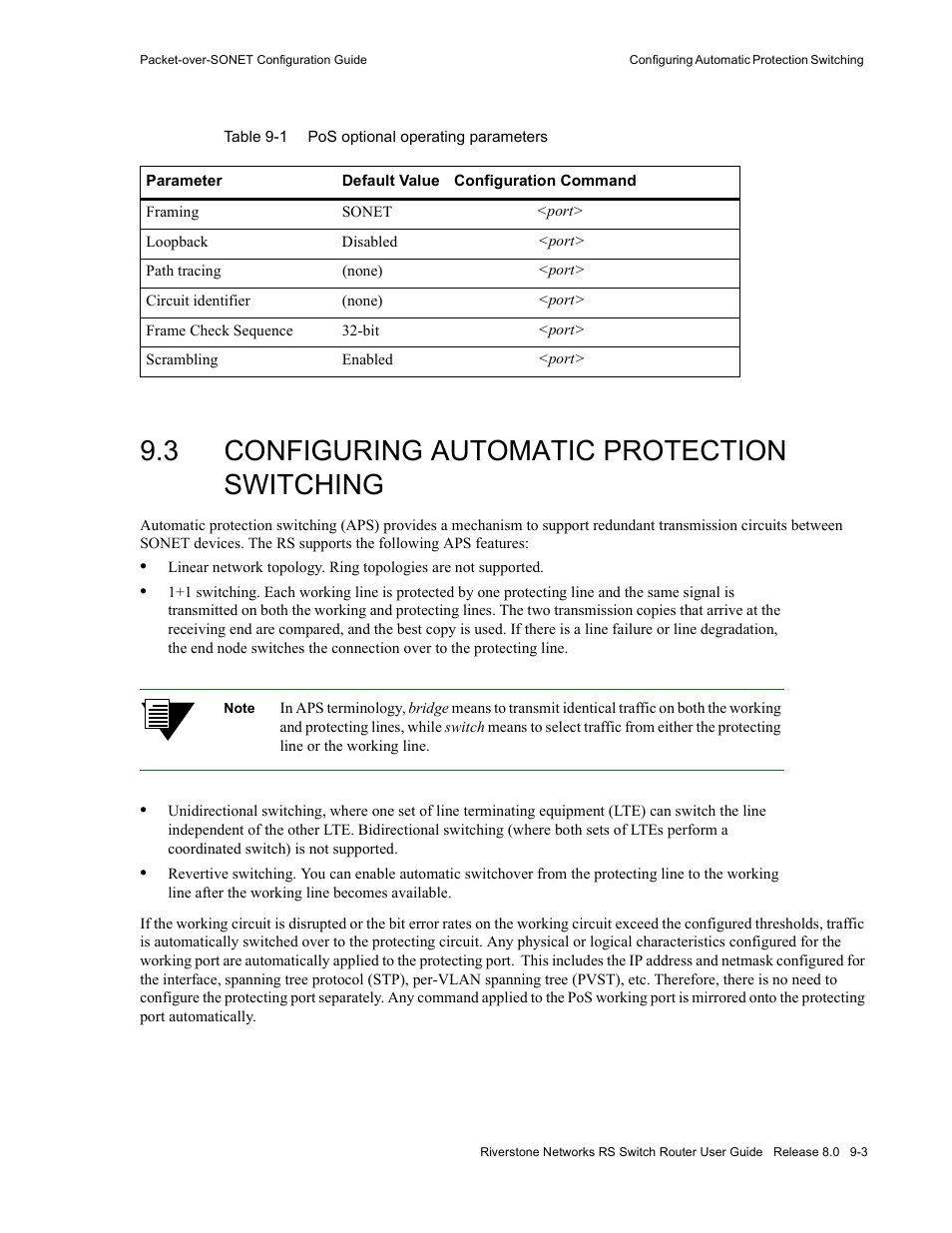3 configuring automatic protection switching, Configuring automatic protection switching -3, Table 9-1 | Pos optional operating parameters -3 | Riverstone Networks WICT1-12 User Manual | Page 163 / 718