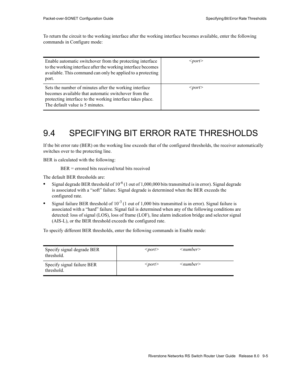 4 specifying bit error rate thresholds, Specifying bit error rate thresholds -5, Section 9.4, "specifying | Bit error rate thresholds | Riverstone Networks WICT1-12 User Manual | Page 165 / 718
