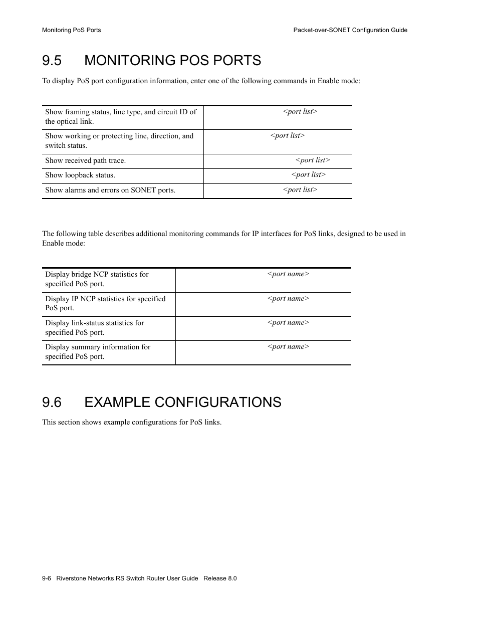 5 monitoring pos ports, 6 example configurations, Monitoring pos ports -6 | Example configurations -6 | Riverstone Networks WICT1-12 User Manual | Page 166 / 718