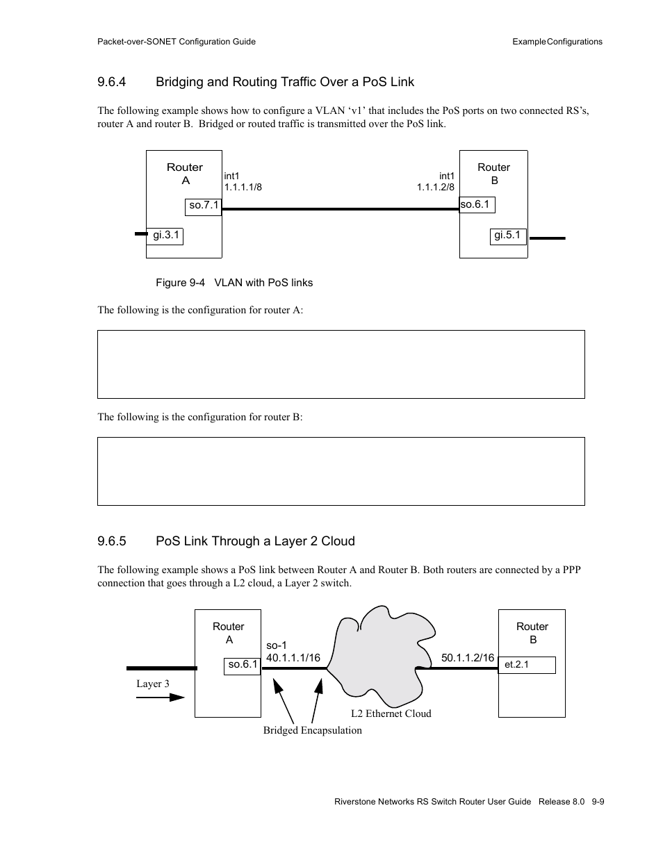 4 bridging and routing traffic over a pos link, 5 pos link through a layer 2 cloud, Bridging and routing traffic over a pos link -9 | Pos link through a layer 2 cloud -9, Figure 9-4, Vlan with pos links -9 | Riverstone Networks WICT1-12 User Manual | Page 169 / 718