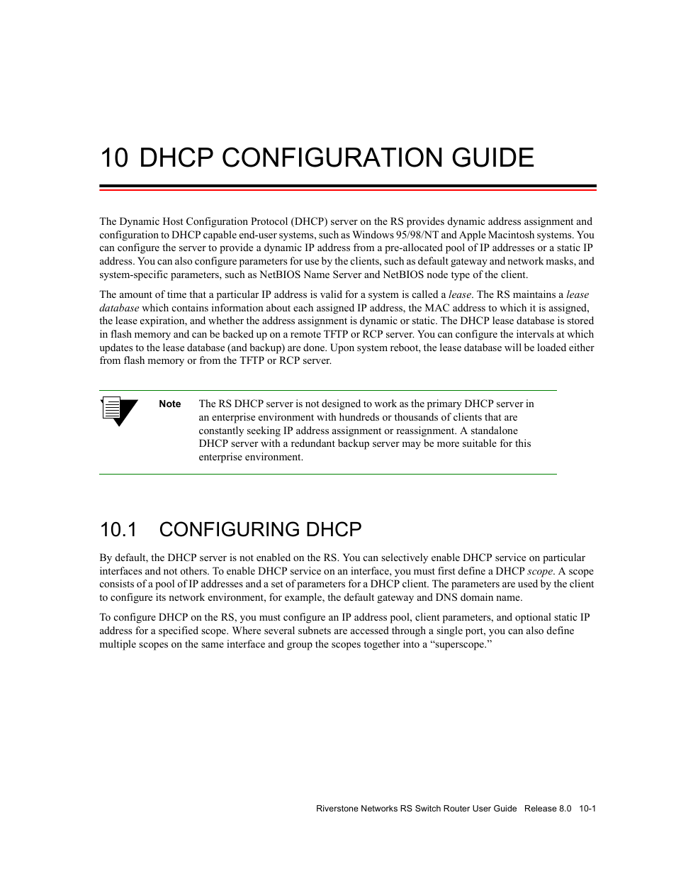 10 dhcp configuration guide, 1 configuring dhcp, Dhcp configuration guide -1 | Configuring dhcp -1 | Riverstone Networks WICT1-12 User Manual | Page 171 / 718