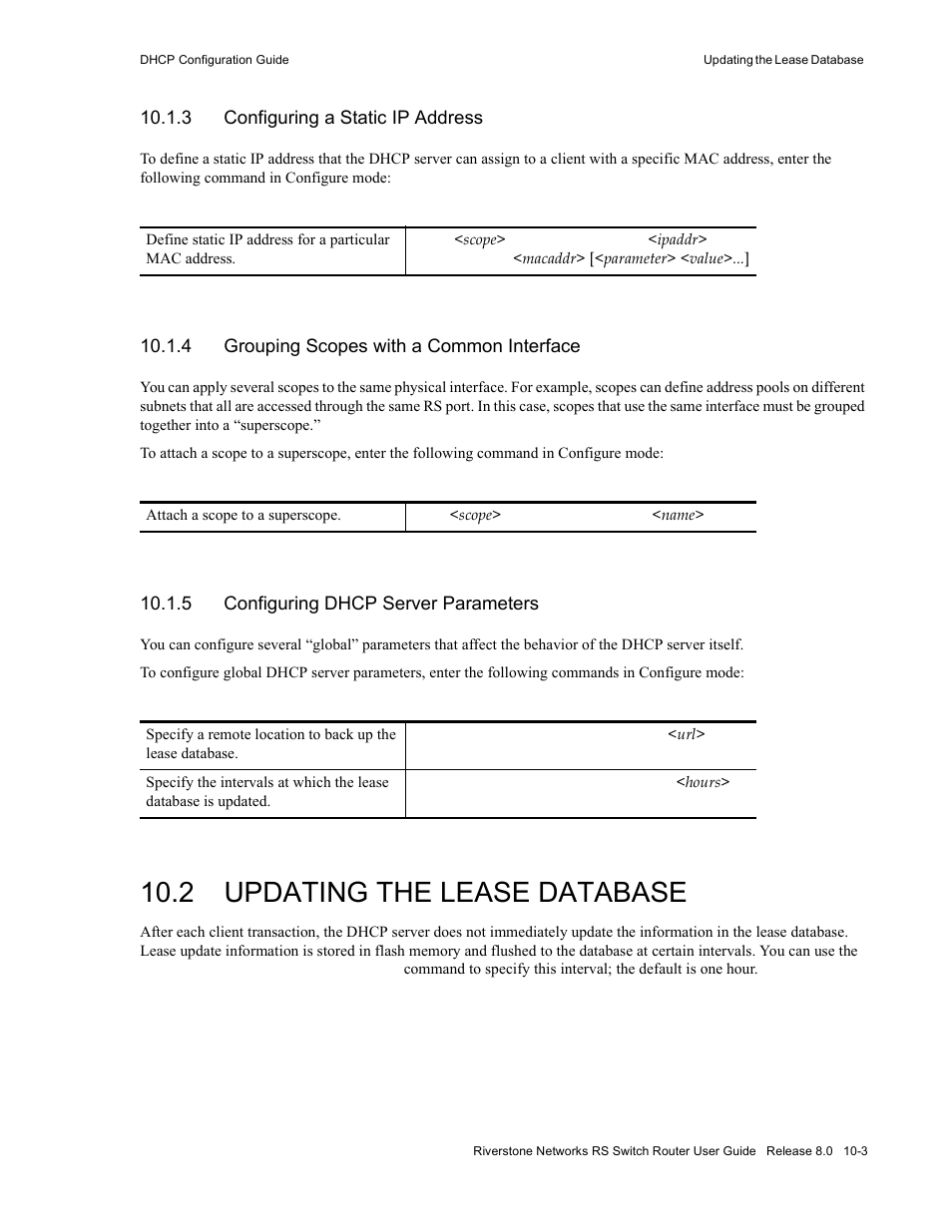 3 configuring a static ip address, 4 grouping scopes with a common interface, 5 configuring dhcp server parameters | 2 updating the lease database, Configuring a static ip address -3, Grouping scopes with a common interface -3, Configuring dhcp server parameters -3, Updating the lease database -3 | Riverstone Networks WICT1-12 User Manual | Page 173 / 718