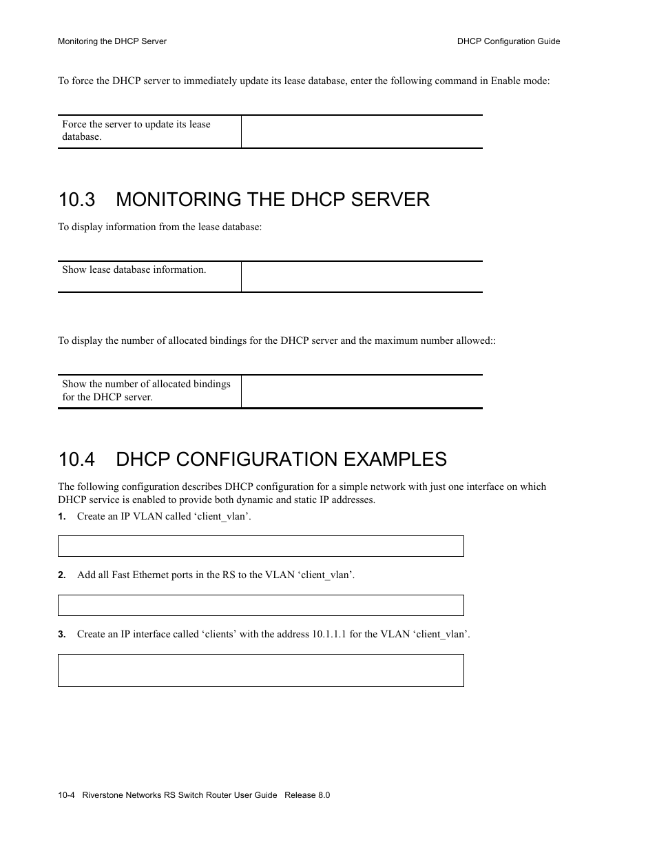 3 monitoring the dhcp server, 4 dhcp configuration examples, Monitoring the dhcp server -4 | Dhcp configuration examples -4 | Riverstone Networks WICT1-12 User Manual | Page 174 / 718
