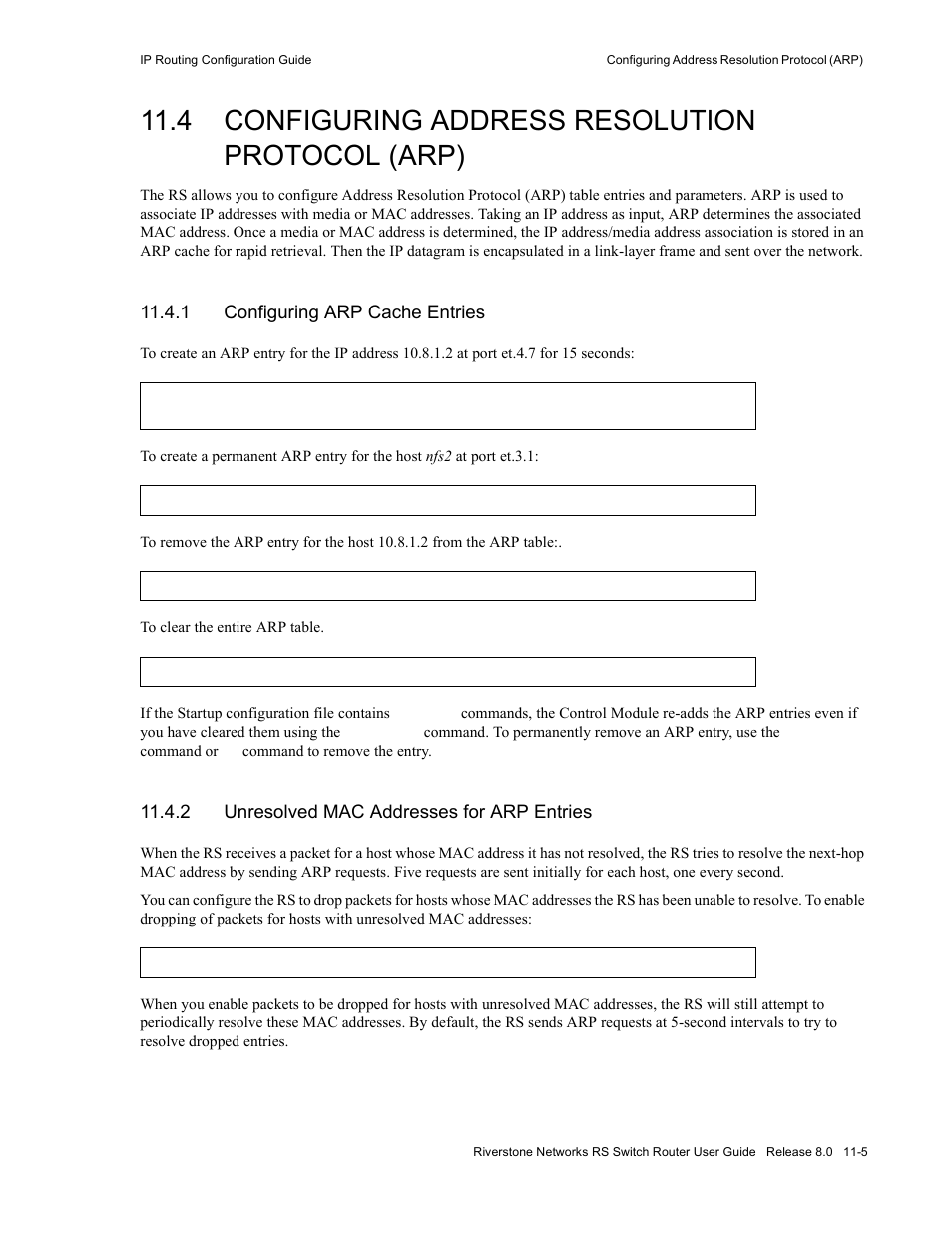 4 configuring address resolution protocol (arp), 1 configuring arp cache entries, 2 unresolved mac addresses for arp entries | Configuring address resolution protocol (arp) -5, Configuring arp cache entries -5, Unresolved mac addresses for arp entries -5 | Riverstone Networks WICT1-12 User Manual | Page 183 / 718