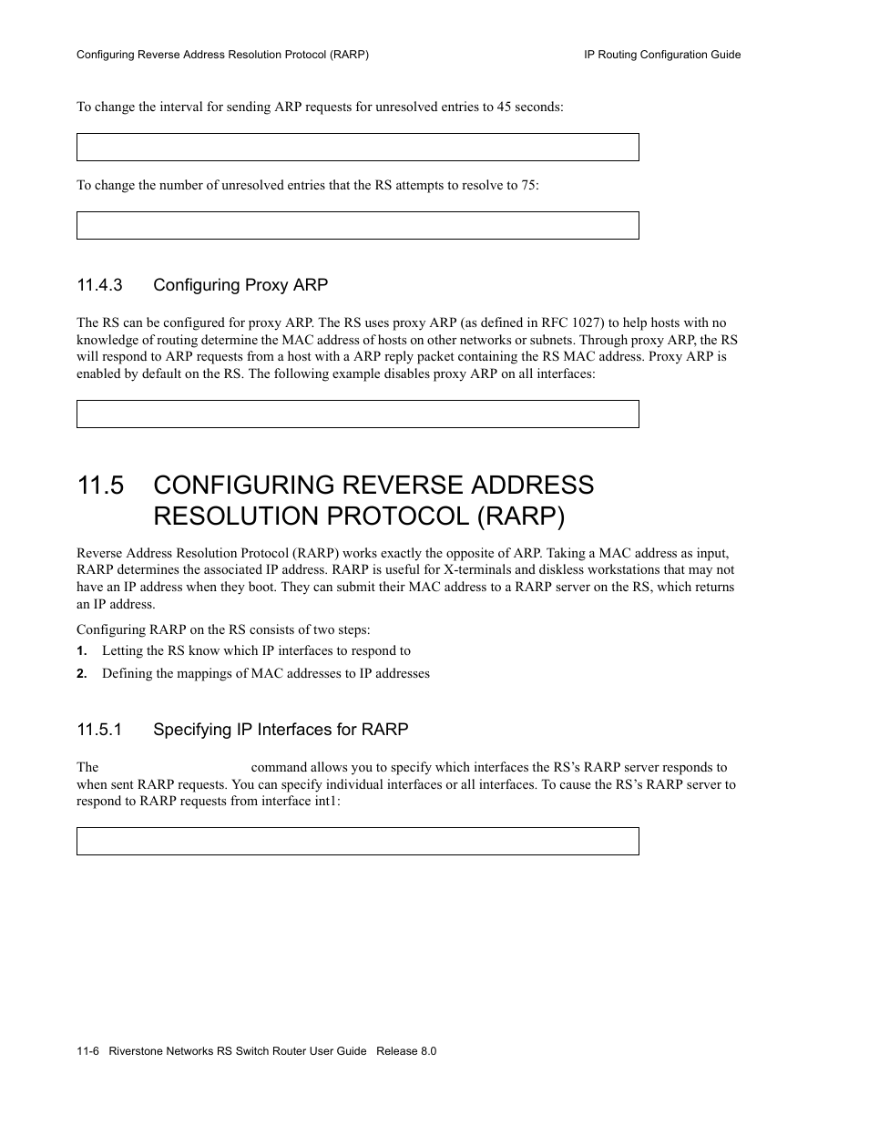 3 configuring proxy arp, 1 specifying ip interfaces for rarp, Configuring proxy arp -6 | Specifying ip interfaces for rarp -6 | Riverstone Networks WICT1-12 User Manual | Page 184 / 718