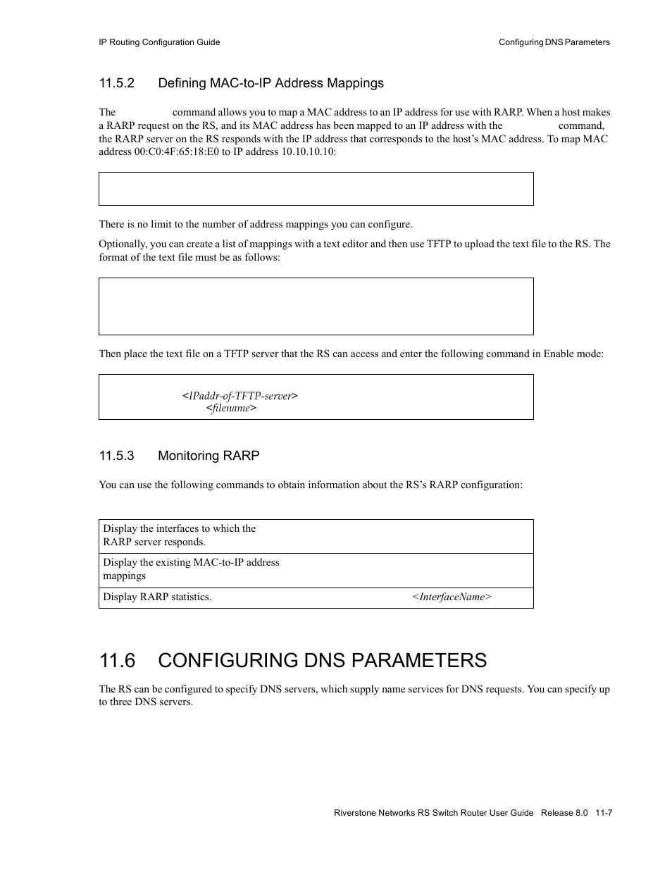 2 defining mac-to-ip address mappings, 3 monitoring rarp, 6 configuring dns parameters | Defining mac-to-ip address mappings -7, Monitoring rarp -7, Configuring dns parameters -7 | Riverstone Networks WICT1-12 User Manual | Page 185 / 718