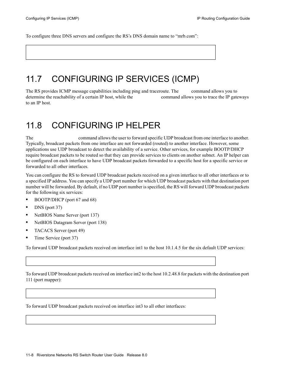 7 configuring ip services (icmp), 8 configuring ip helper, Configuring ip services (icmp) -8 | Configuring ip helper -8 | Riverstone Networks WICT1-12 User Manual | Page 186 / 718
