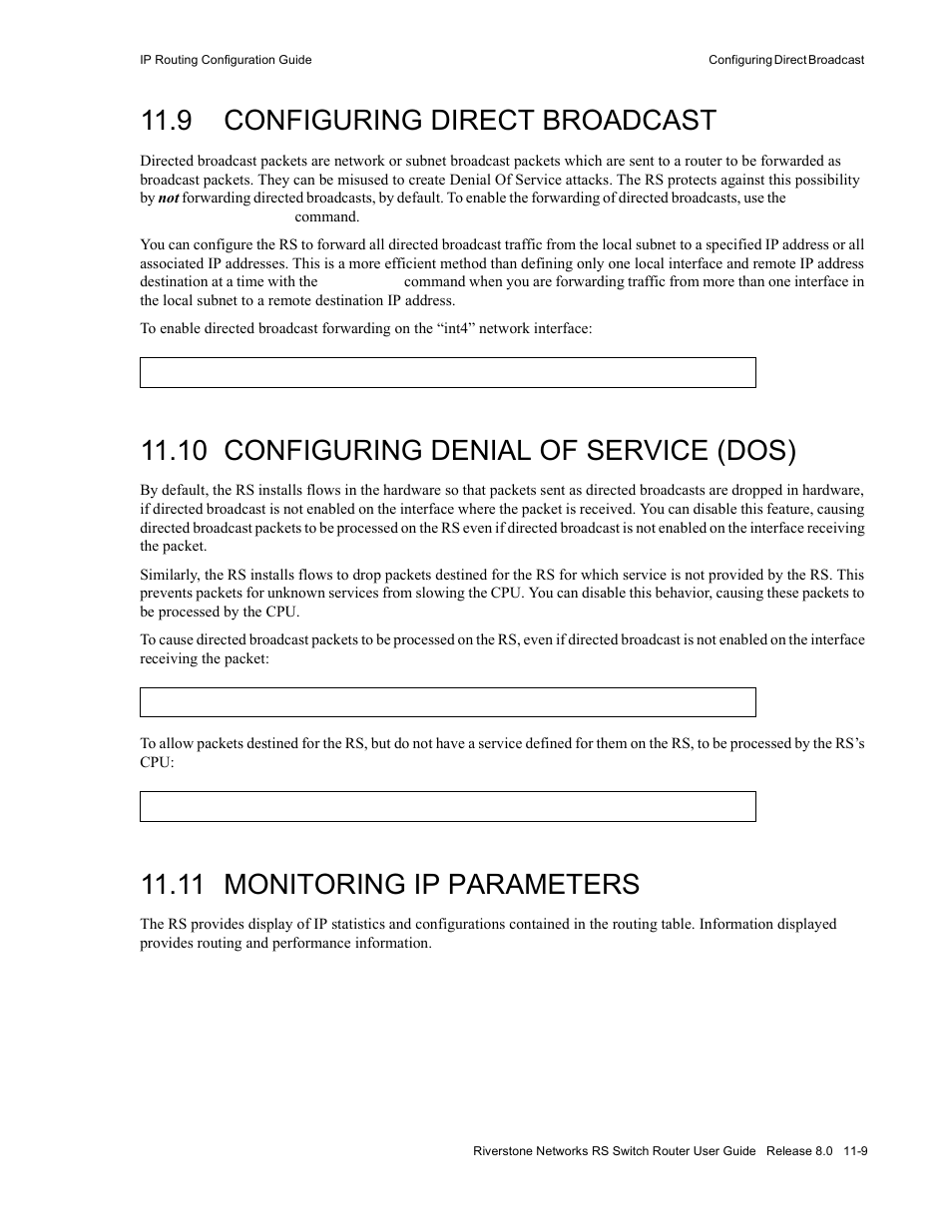 9 configuring direct broadcast, 10 configuring denial of service (dos), 11 monitoring ip parameters | Configuring direct broadcast -9, Configuring denial of service (dos) -9, Monitoring ip parameters -9 | Riverstone Networks WICT1-12 User Manual | Page 187 / 718
