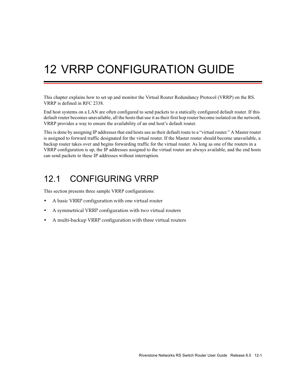 12 vrrp configuration guide, 1 configuring vrrp, Vrrp configuration guide -1 | Configuring vrrp -1 | Riverstone Networks WICT1-12 User Manual | Page 197 / 718
