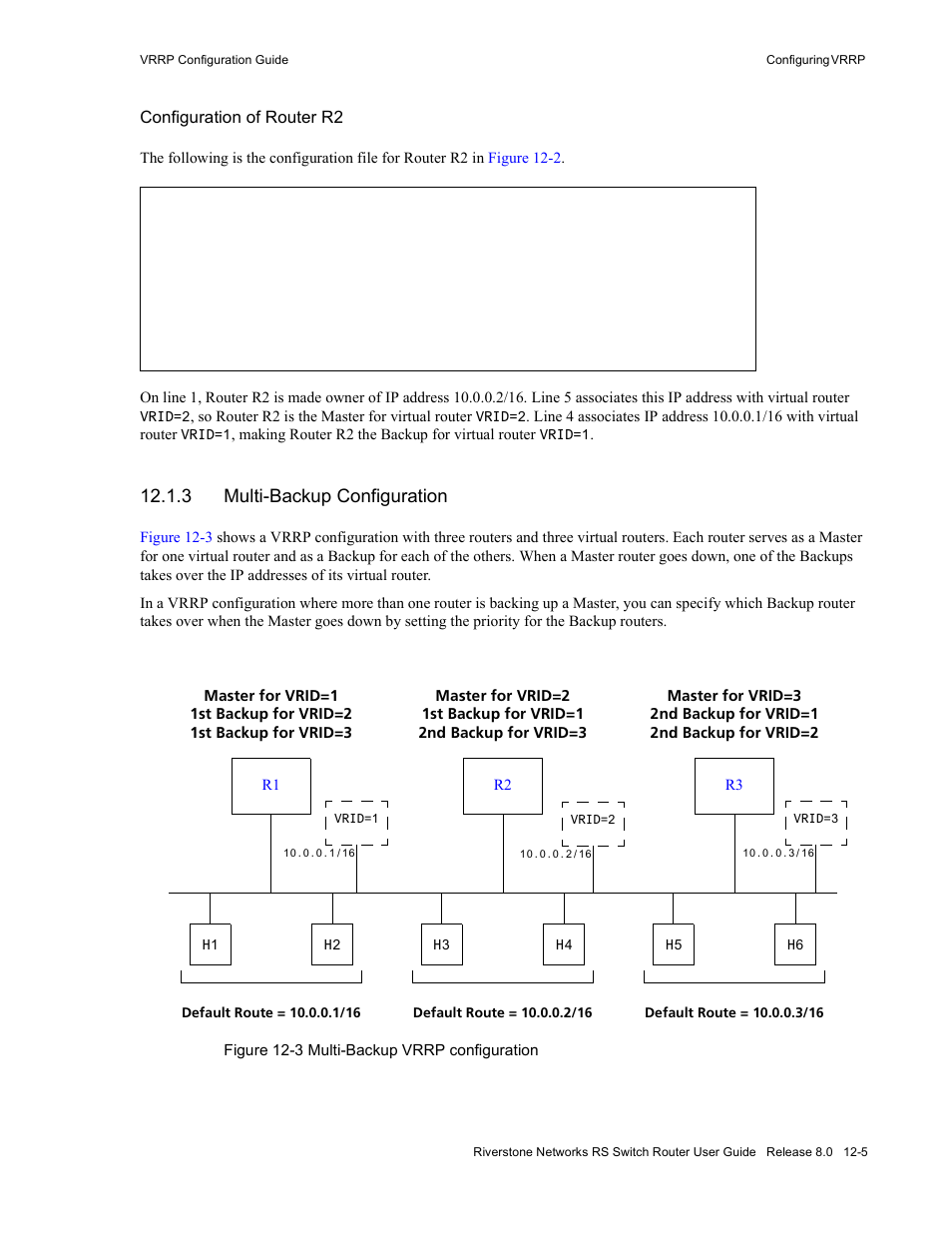 3 multi-backup configuration, Multi-backup configuration -5, Figure 12-3 multi-backup vrrp configuration -5 | Riverstone Networks WICT1-12 User Manual | Page 201 / 718