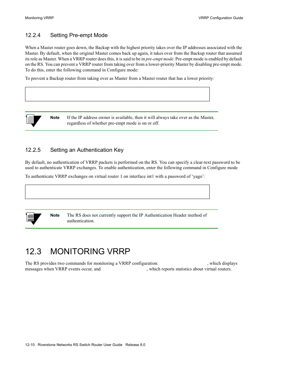 4 setting pre-empt mode, 5 setting an authentication key, 3 monitoring vrrp | Setting pre-empt mode -10, Setting an authentication key -10, Monitoring vrrp -10 | Riverstone Networks WICT1-12 User Manual | Page 206 / 718