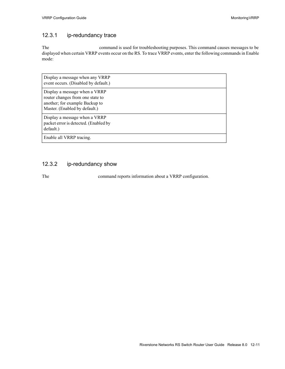 1 ip-redundancy trace, 2 ip-redundancy show, Ip-redundancy trace -11 | Ip-redundancy show -11 | Riverstone Networks WICT1-12 User Manual | Page 207 / 718