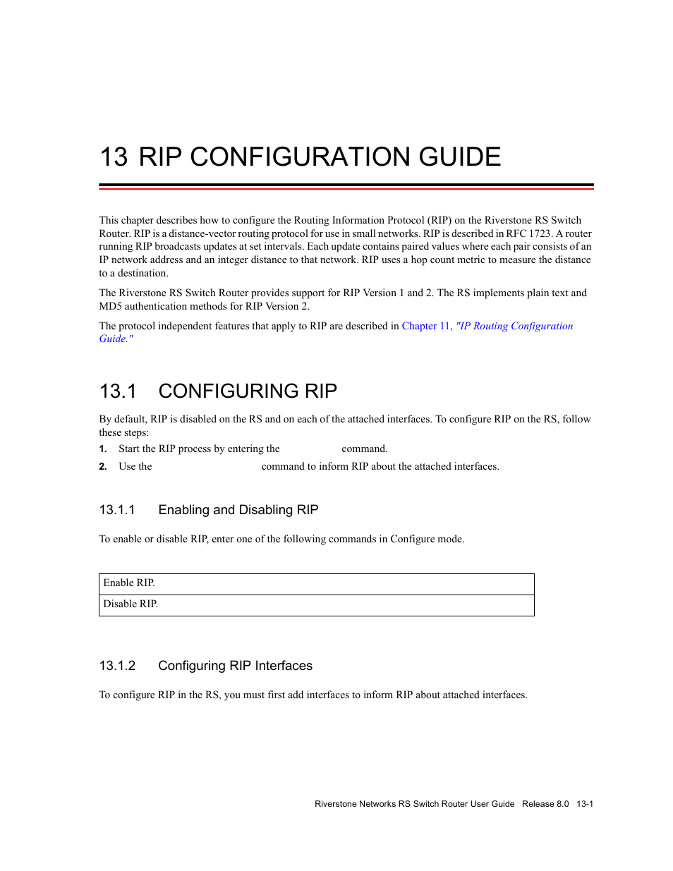 13 rip configuration guide, 1 configuring rip, 1 enabling and disabling rip | 2 configuring rip interfaces, Rip configuration guide -1, Configuring rip -1, Enabling and disabling rip -1, Configuring rip interfaces -1, Chapter 13, "rip configuration guide | Riverstone Networks WICT1-12 User Manual | Page 211 / 718