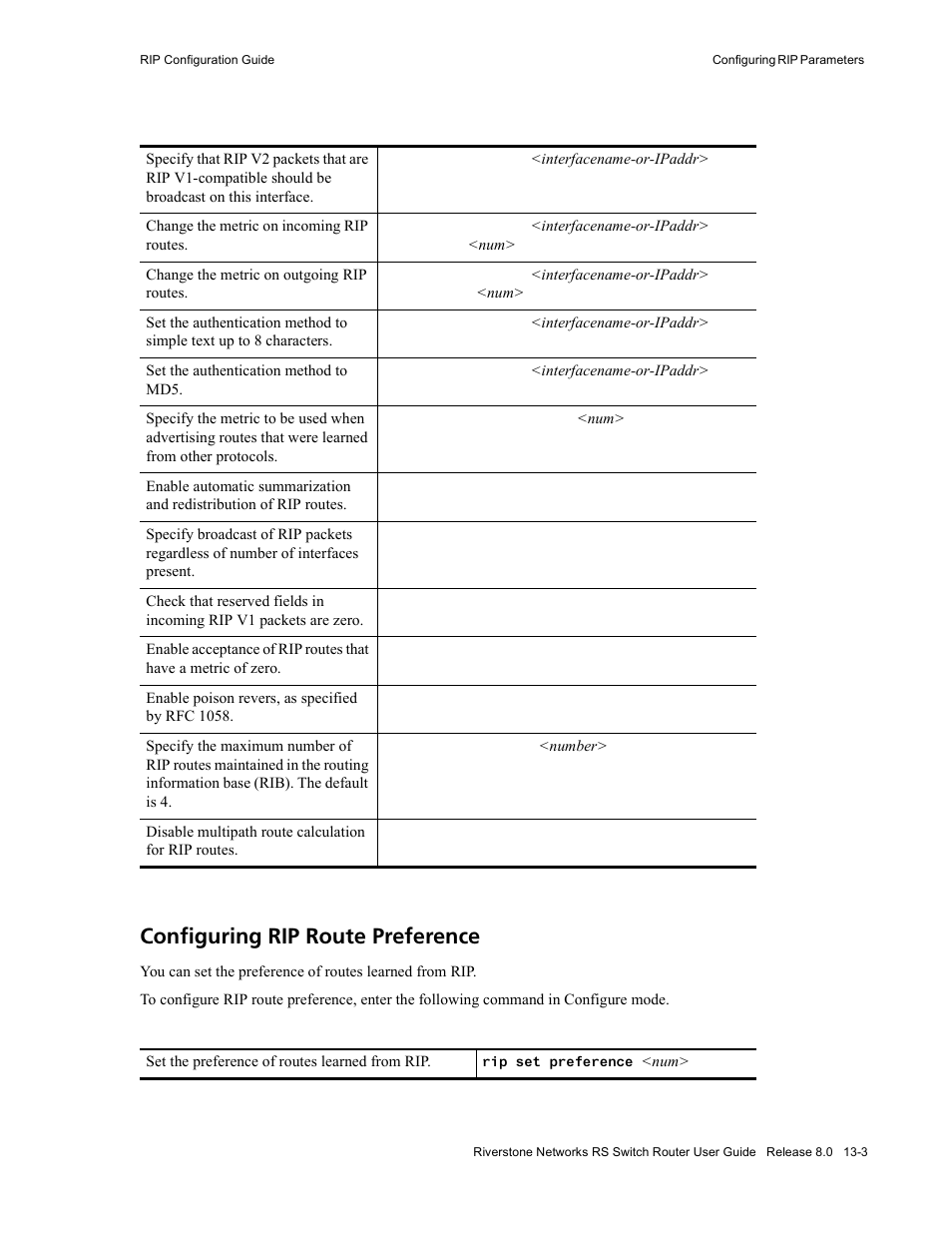 Configuring rip route preference | Riverstone Networks WICT1-12 User Manual | Page 213 / 718