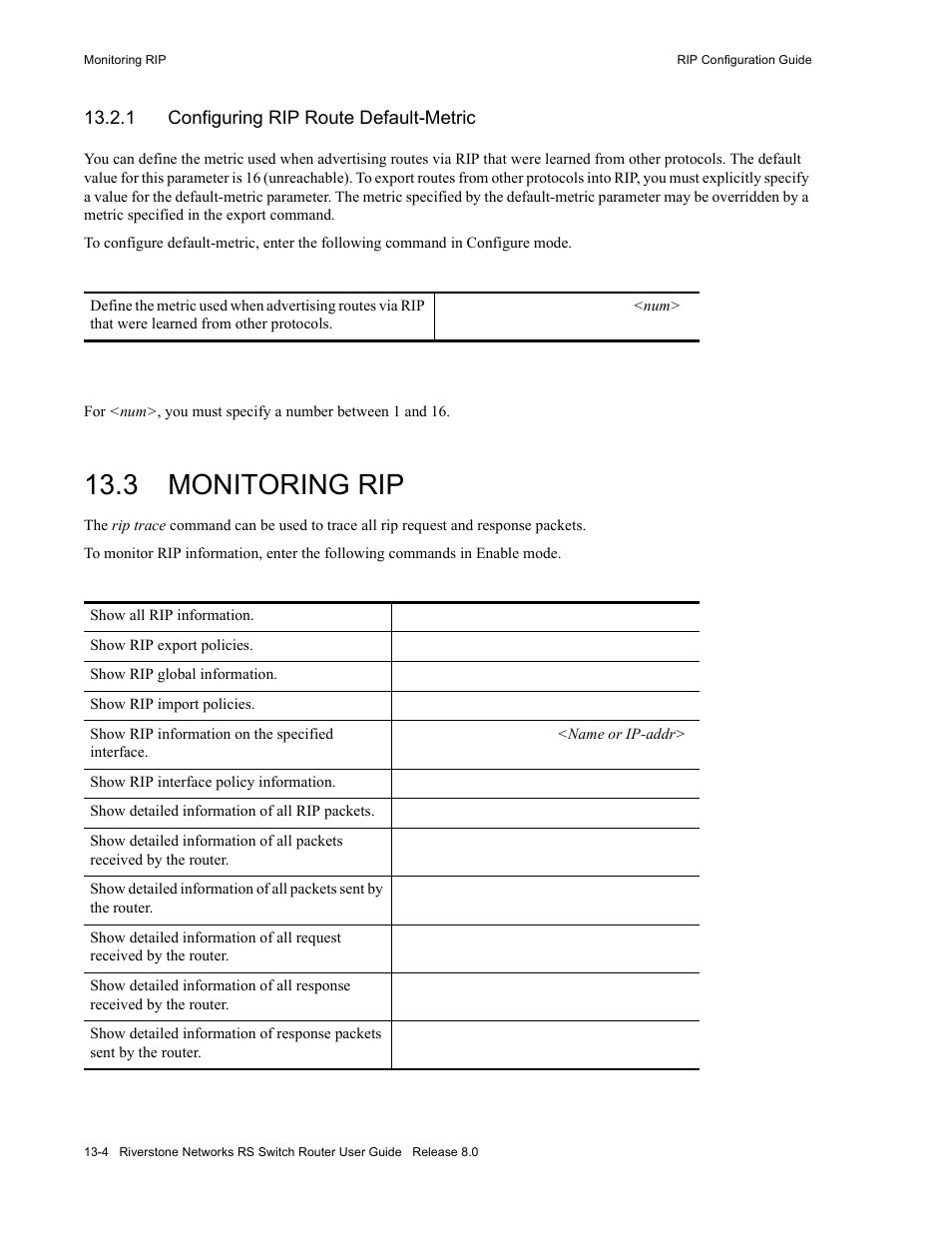 1 configuring rip route default-metric, 3 monitoring rip, Configuring rip route default-metric -4 | Monitoring rip -4 | Riverstone Networks WICT1-12 User Manual | Page 214 / 718