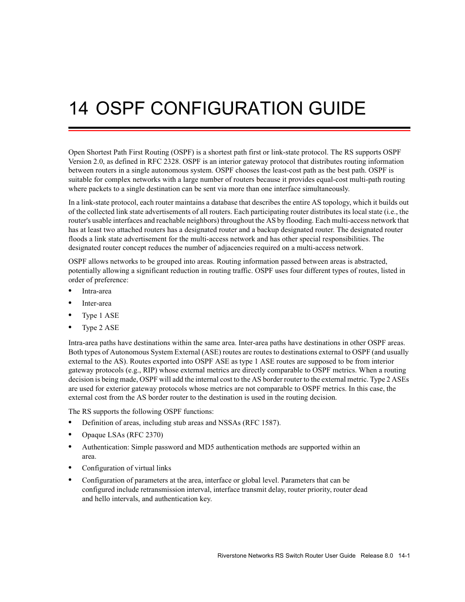 14 ospf configuration guide, Ospf configuration guide -1, Chapter 14, "ospf configuration guide | Riverstone Networks WICT1-12 User Manual | Page 217 / 718