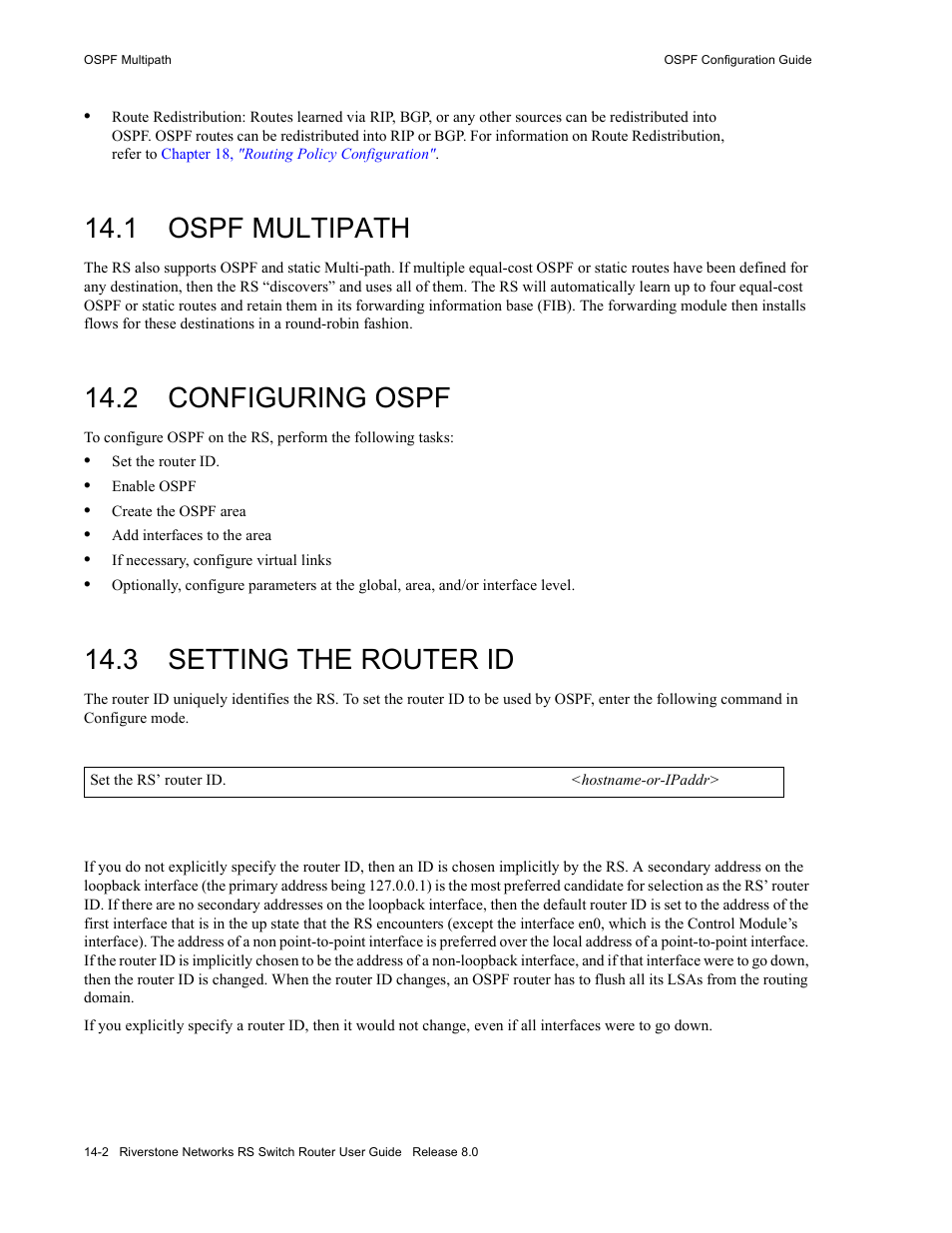 1 ospf multipath, 2 configuring ospf, 3 setting the router id | Ospf multipath -2, Configuring ospf -2, Setting the router id -2 | Riverstone Networks WICT1-12 User Manual | Page 218 / 718