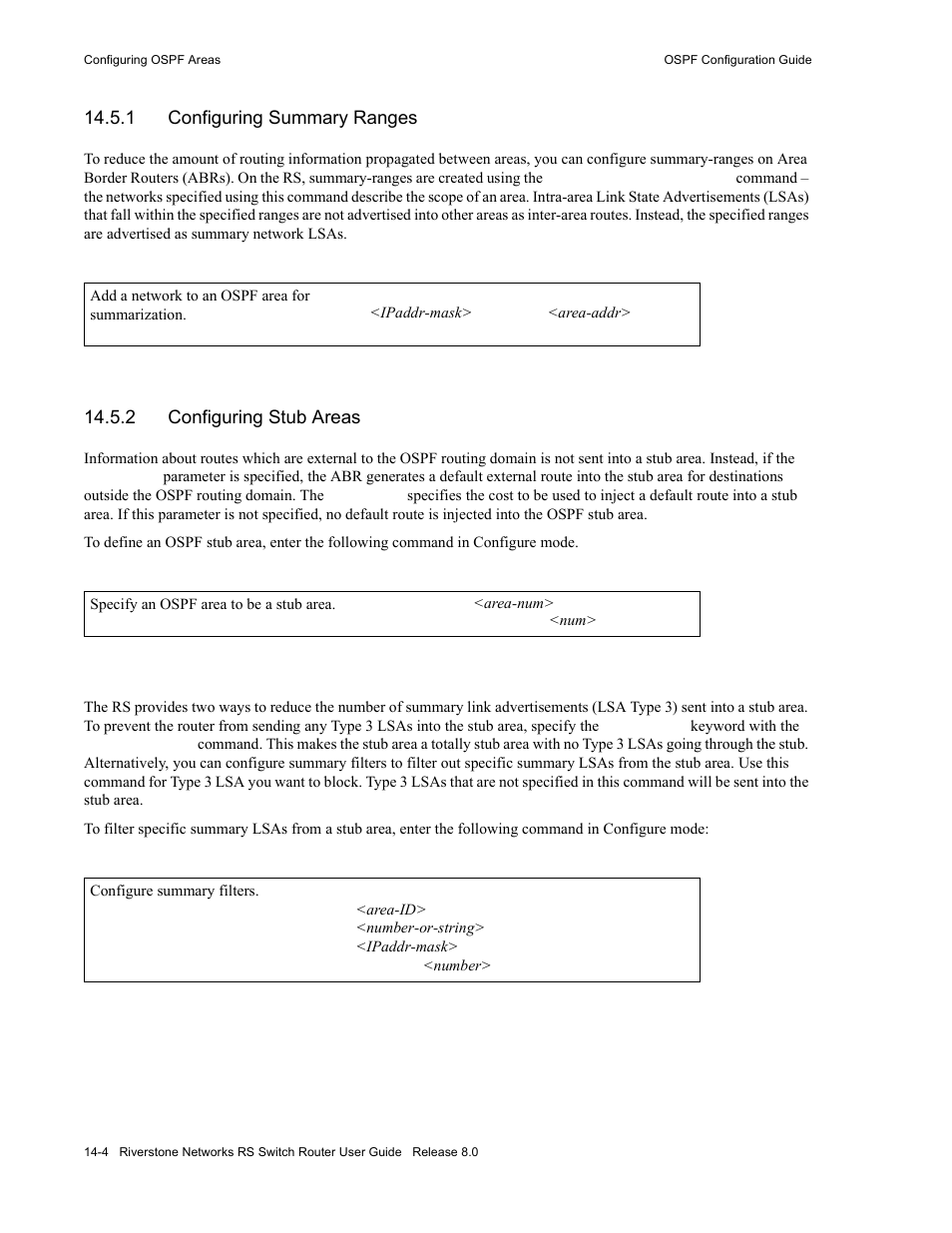1 configuring summary ranges, 2 configuring stub areas, Configuring summary ranges -4 | Configuring stub areas -4, Section 14.5.2, "configuring stub areas | Riverstone Networks WICT1-12 User Manual | Page 220 / 718