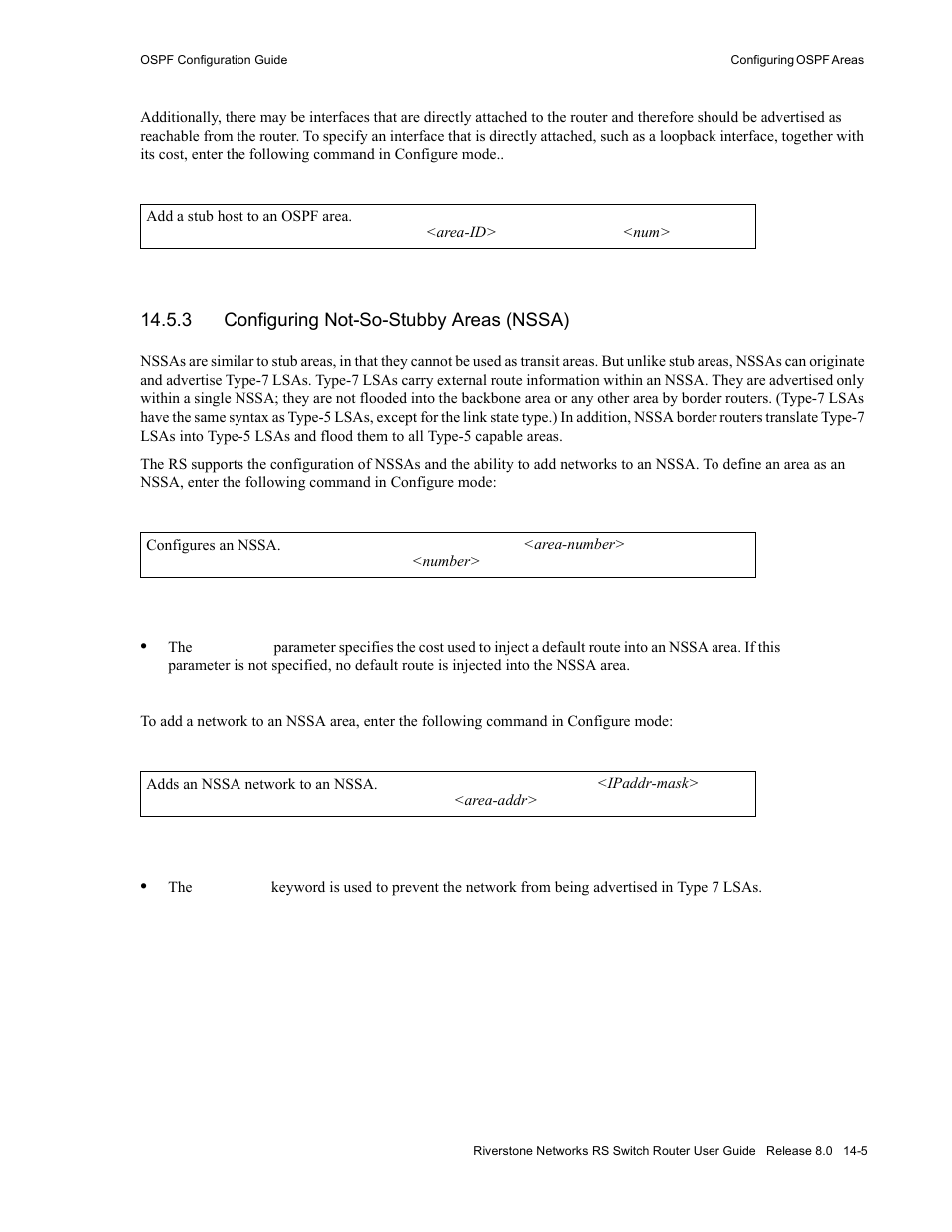 3 configuring not-so-stubby areas (nssa), Configuring not-so-stubby areas (nssa) -5, Section 14.5.3 | Configuring not-so-stubby areas (nssa) | Riverstone Networks WICT1-12 User Manual | Page 221 / 718