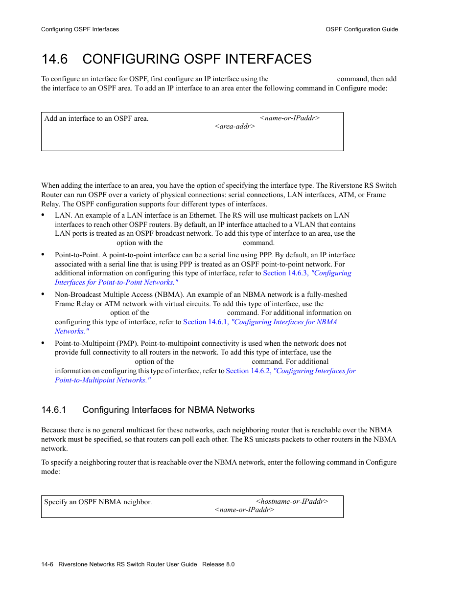 6 configuring ospf interfaces, 1 configuring interfaces for nbma networks, Configuring ospf interfaces -6 | Configuring interfaces for nbma networks -6 | Riverstone Networks WICT1-12 User Manual | Page 222 / 718