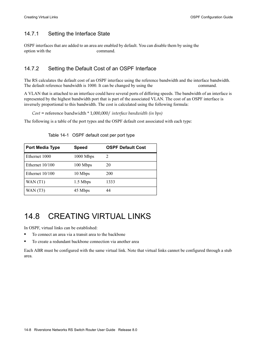 1 setting the interface state, 2 setting the default cost of an ospf interface, 8 creating virtual links | Setting the interface state -8, Setting the default cost of an ospf interface -8, Creating virtual links -8, Table 14-1 ospf default cost per port type -8 | Riverstone Networks WICT1-12 User Manual | Page 224 / 718
